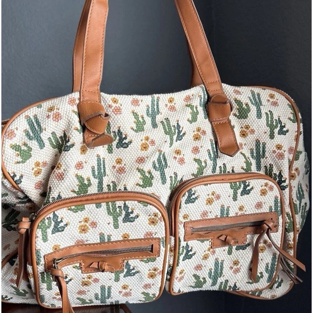 Cactus Print Canvas Leather Purse Tote Bag Weekender Cream Brown Southwest Boho